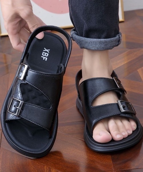 サンダル 「UNISEX」フェイクレザーダブルバックル ストラップサンダル