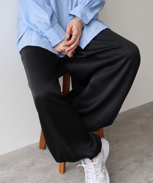 ワイドパンツ スラックス パンツ ヴィンテージサテンデザインパンツ