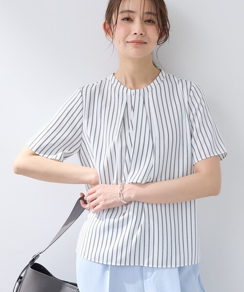 ブラウス シャツ 入学式 「洗える／UVケア」ストライプ柄＆無地 ボウタイ風 半袖ブラウス レディースの画像
