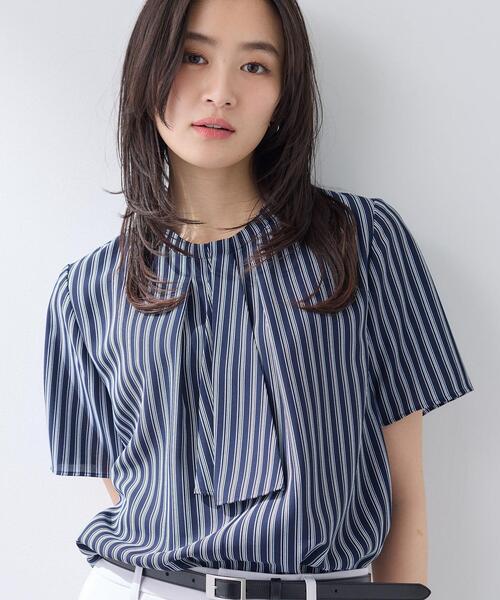 ブラウス シャツ 入学式 「洗える／UVケア」ストライプ柄＆無地 ボウタイ風 半袖ブラウス レディースの画像