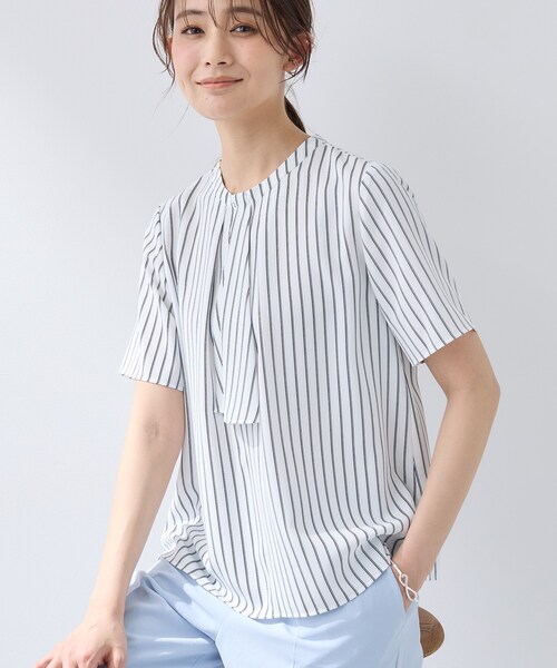 ブラウス シャツ 入学式 「洗える／UVケア」ストライプ柄＆無地 ボウタイ風 半袖ブラウス レディースの画像