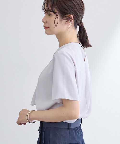 ブラウス シャツ 入学式 「洗える／UVケア」ストライプ柄＆無地 ボウタイ風 半袖ブラウス レディースの画像