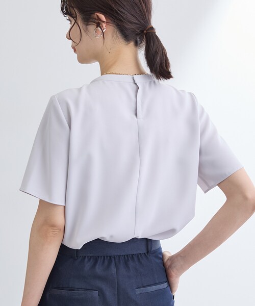 ブラウス シャツ 入学式 「洗える／UVケア」ストライプ柄＆無地 ボウタイ風 半袖ブラウス レディースの画像