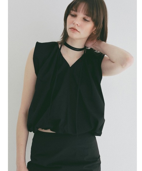 CLANE 半袖Tシャツ ブラック サイズ2 CLANE（クラネ） tシャツ 半袖 CLANE/クラネ/GATHER RIBBON TOPS