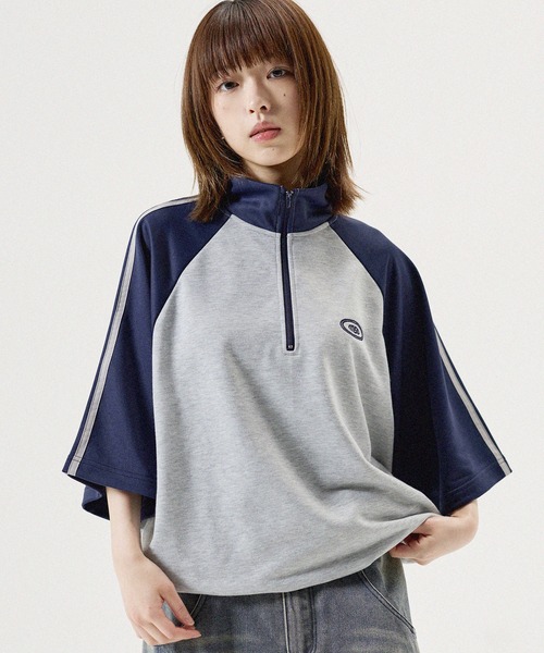 tシャツ ルーズシルエット配色/ラグラン切替ワンポイント刺繍ハーフ