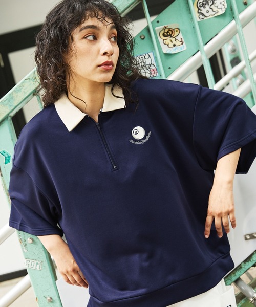 tシャツ ルーズシルエット配色/ラグラン切替ワンポイント刺繍ハーフ