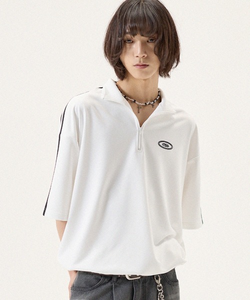 tシャツ ルーズシルエット配色/ラグラン切替ワンポイント刺繍ハーフ