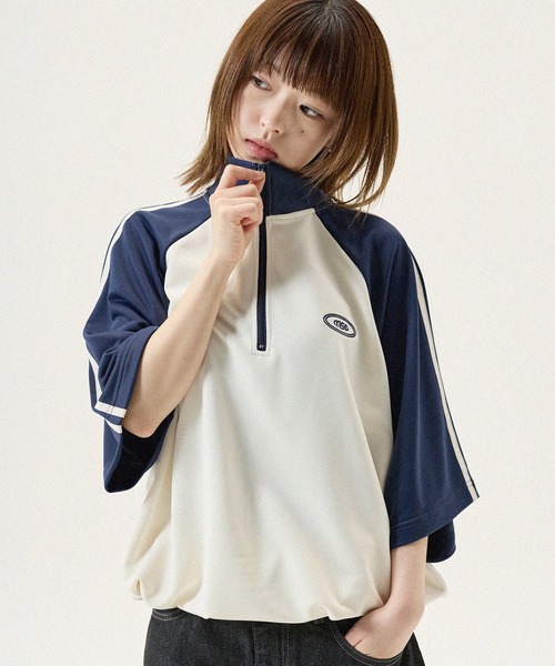 tシャツ ルーズシルエット配色/ラグラン切替ワンポイント刺繍ハーフ