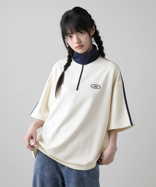 tシャツ ルーズシルエット配色/ラグラン切替ワンポイント刺繍
