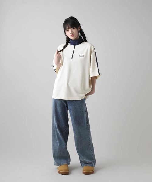 tシャツ ルーズシルエット配色/ラグラン切替ワンポイント刺繍