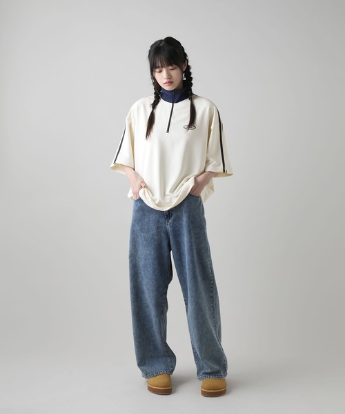 tシャツ ルーズシルエット配色/ラグラン切替ワンポイント刺繍