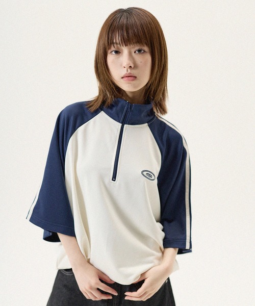 tシャツ ルーズシルエット配色/ラグラン切替ワンポイント刺繍ハーフ