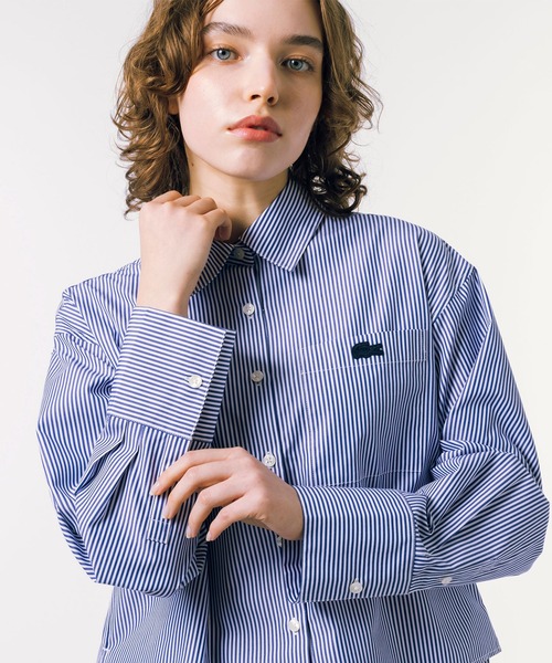 Lacoste ストライプ クロップドシャツ 長袖 ラコステ LACOSTE ストライプクロップドシャツ （ピンク