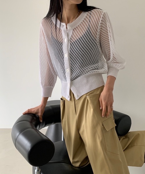 カーディガン 「DIDOT.」メッシュニットハーフカーディガン レディース