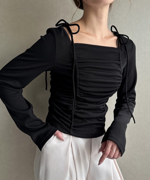 JUNOAH tシャツ ドロストリボンリブトップス レディース