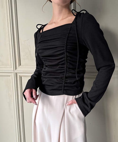 JUNOAH（ジュノア） tシャツ ドロストリボンリブトップス レディース