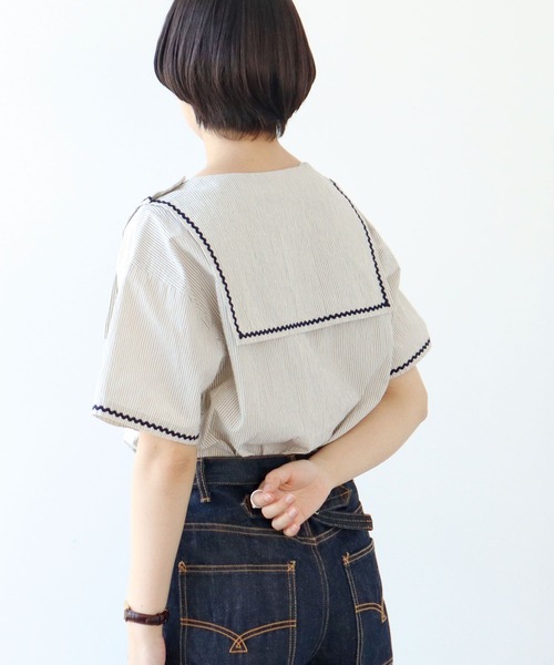 【PAR ICI】オーガニックマグワッシャー なみなみセーラーブラウス PAR ICI ブラウス シャツ オーガニックマグワッシャー なみなみ