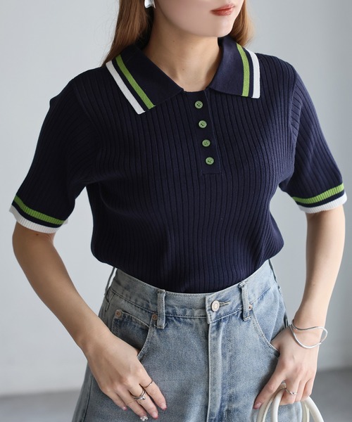 【開店記念セール！】 Riberry レディース 配色半袖ポロニット セーター ニット トップス