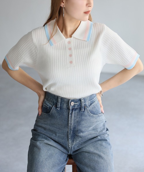 Riberry ニット セーター 配色半袖ポロニット レディース