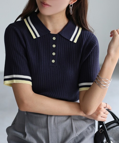美品 セオリー 22SS ポロニット リブ ネイビー 半袖 Riberry ニット セーター 配色半袖ポロニット レディース