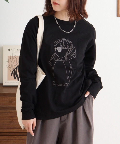 tシャツ A.N.L モデル刺繍長袖カットソープルオーバー 丸首ロンT レディース