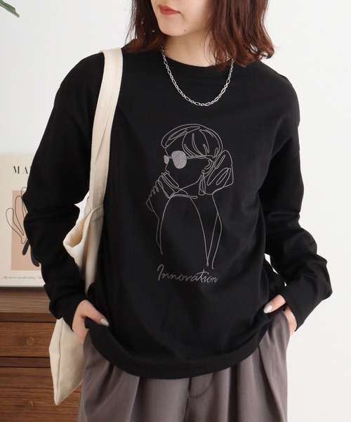 tシャツ A.N.L モデル刺繍長袖カットソープルオーバー 丸首ロンT