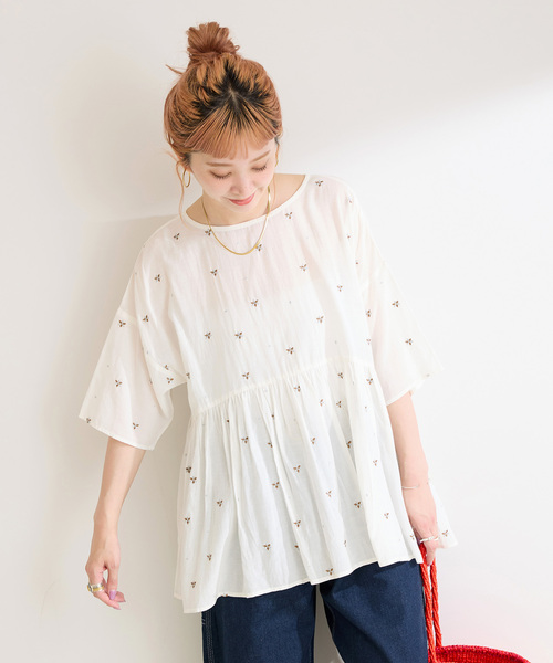 ブラウス シャツ 「WEB限定」手洗い可 / バックリボンフラワー刺繍ブラウス レディース