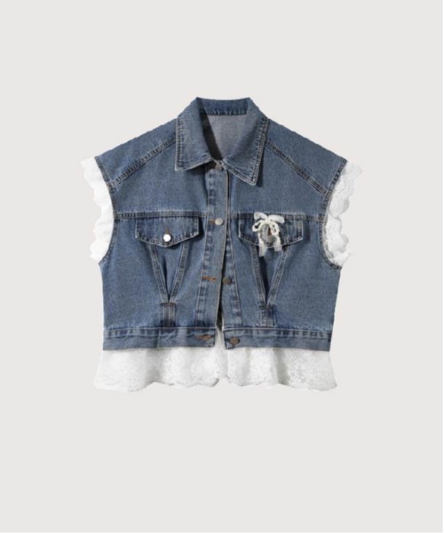 ベスト ジレ Romantic Lace Deco Denim Vest レディース