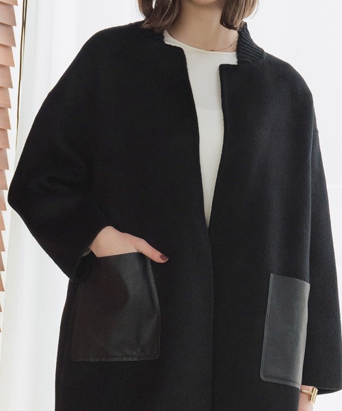 【NEW】エルフランク（ELFRANK）/【ウール70％】レザーポケット ドロップショルダー ミドル丈 コート ウールコート ELFRANK コート アウター 「2025AW」「ウール70％」レザーポケット