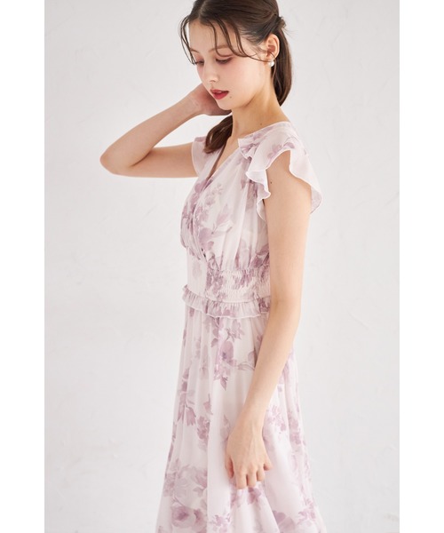 【完売品】tocco closet パープル フラワー フリル ワンピース プチフリルネックラッフルフリルスリーブフラワープリントワンピース