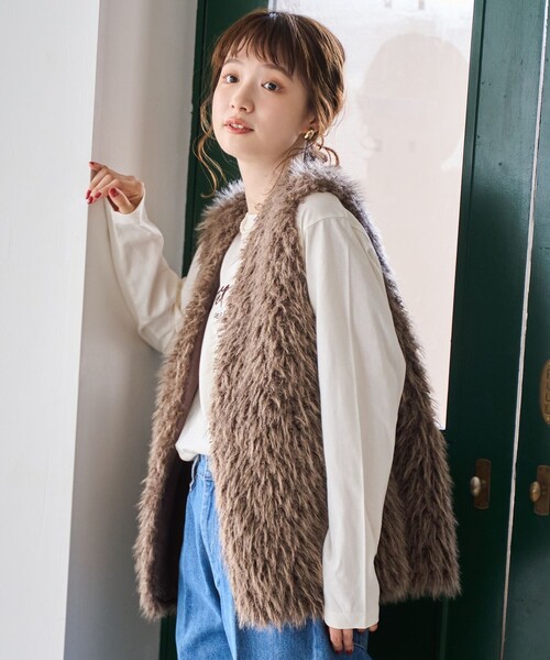 coen ベスト ジレ カーリーシャギーファーベスト レディース