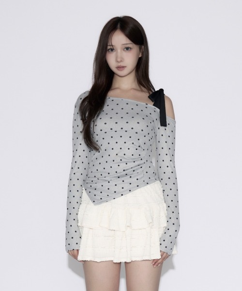 tinkerend（ティンカーエンド） tシャツ One-shoulder Ribbon Dot Tops