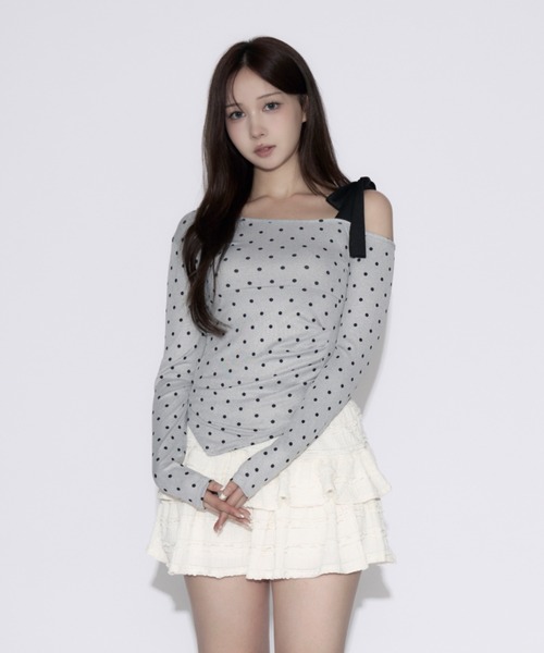 tinkerend（ティンカーエンド） tシャツ One-shoulder Ribbon Dot Tops