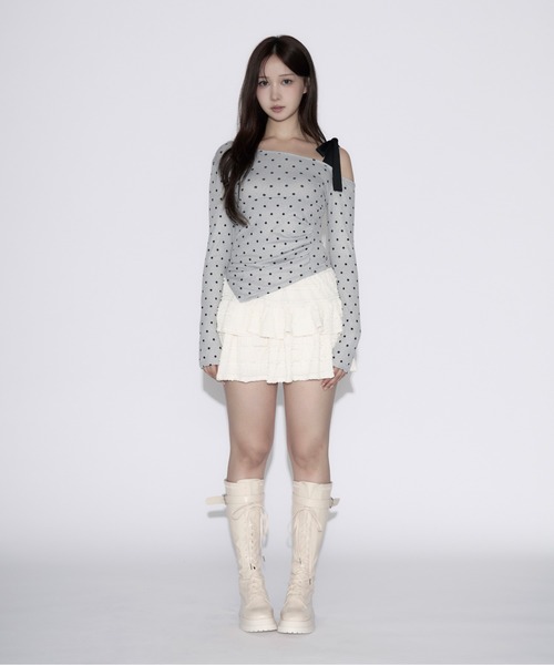 tinkerend（ティンカーエンド） tシャツ One-shoulder Ribbon Dot Tops
