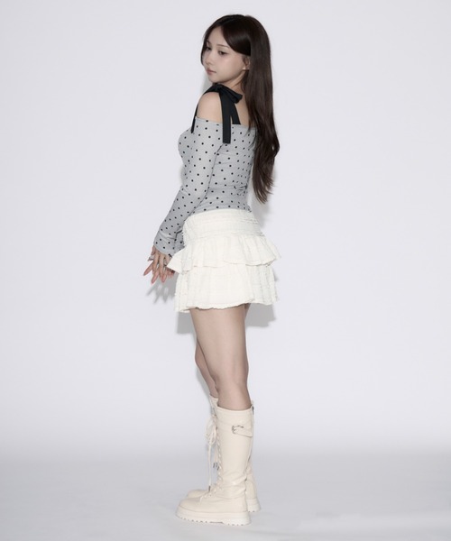 tinkerend（ティンカーエンド） tシャツ One-shoulder Ribbon Dot Tops