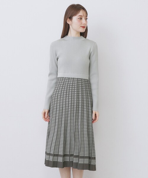 極美品✨23区 ロングワンピースニットシルク混 リブニット チェック 千鳥格子 千鳥チェックバイカラーニットワンピース【洗濯機OK／抗ピル