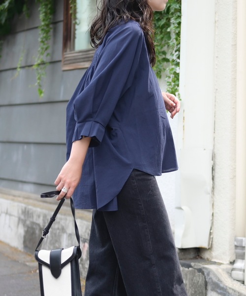 「＆HALF」 「noa-ge」7分袖ブラウス L ネイビー レディース_画像3