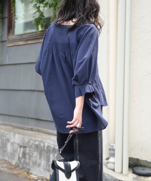 「＆HALF」 「noa-ge」7分袖ブラウス L ネイビー レディース_画像5