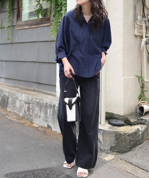 「＆HALF」 「noa-ge」7分袖ブラウス L ネイビー レディース_画像7