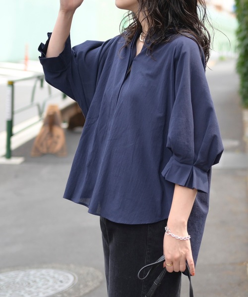 「＆HALF」 「noa-ge」7分袖ブラウス L ネイビー レディース_画像9