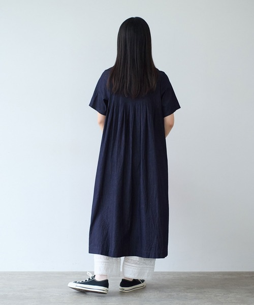 A426/美品 bulle de savon 製品染め ロングワンピース リネン bulle de savon（ビュルデサボン） ワンピース 5.5OZ denim 丸衿