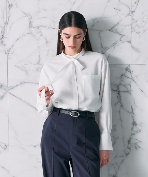 N.O.R.C ブラウス シャツ バックサテンストレッチボウタイブラウス