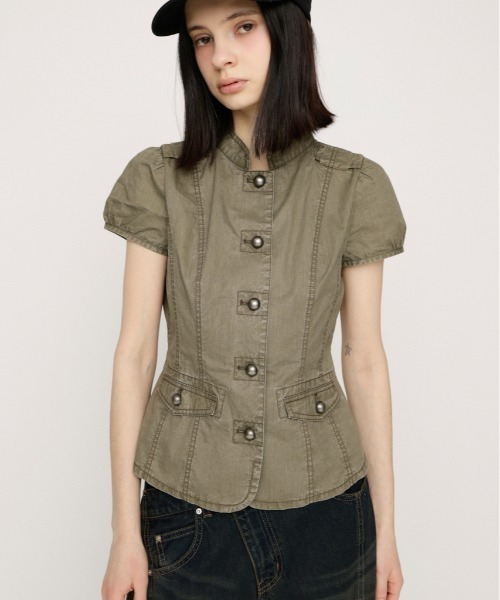 ブラウス シャツ WASHED FRENCH S/L MILITARY SH ウォッシュドフレンチスリーブミリタリーシャツ 春服 レディースの画像