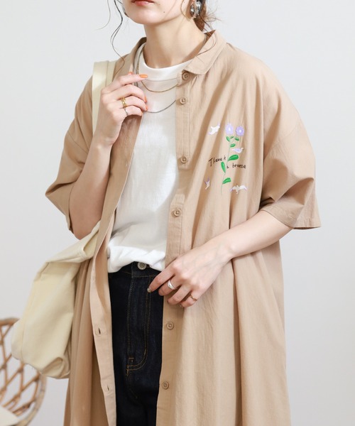 Emago（イマゴ） シャツワンピース 鳥とお花刺繍ワンピース : ZOZOTOWN