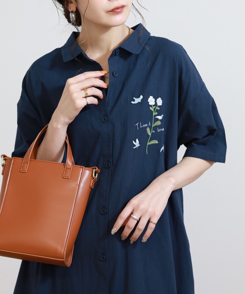 Emago（イマゴ） シャツワンピース 鳥とお花刺繍ワンピース : ZOZOTOWN