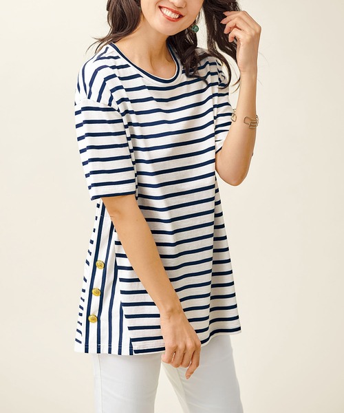 BELLUNA PLUS（ベルーナプラス） tシャツ サイドボタンボーダー切替