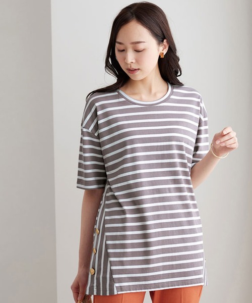 バルマン  1350I545 ショルダーボタンボーダーTシャツ レディース XXS BELLUNA PLUS（ベルーナプラス） tシャツ サイドボタンボーダー切替