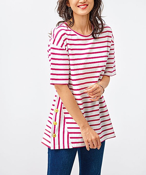 BELLUNA PLUS（ベルーナプラス） tシャツ サイドボタンボーダー切替