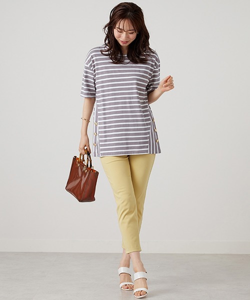 BELLUNA PLUS（ベルーナプラス） tシャツ サイドボタンボーダー切替