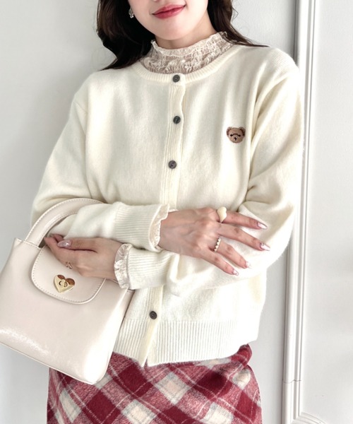 Loueme カーディガン ワンポイントくま刺繍カーディガン レディース